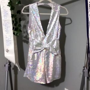 Silver/rainbow sequin shorts jumpsuit